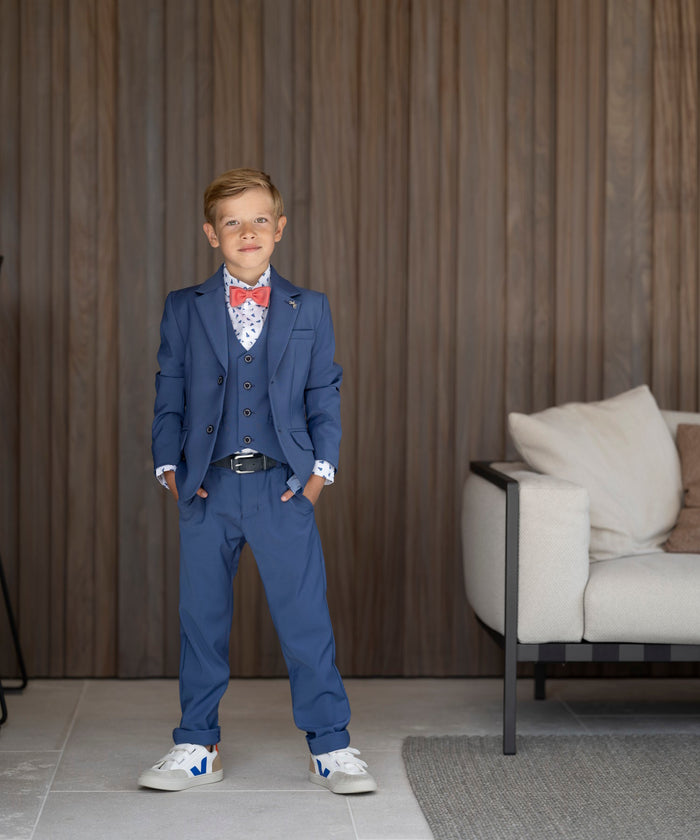 Three-piece blue suit with shoe print shirt