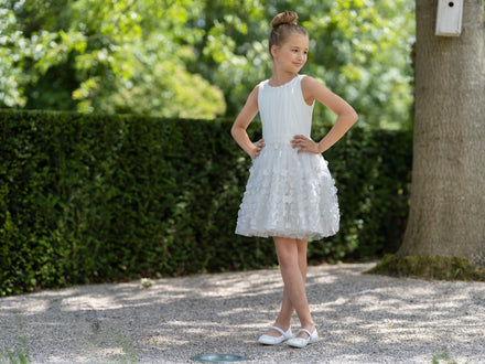 Pearl white dress with 3D flowers and matching cardigan