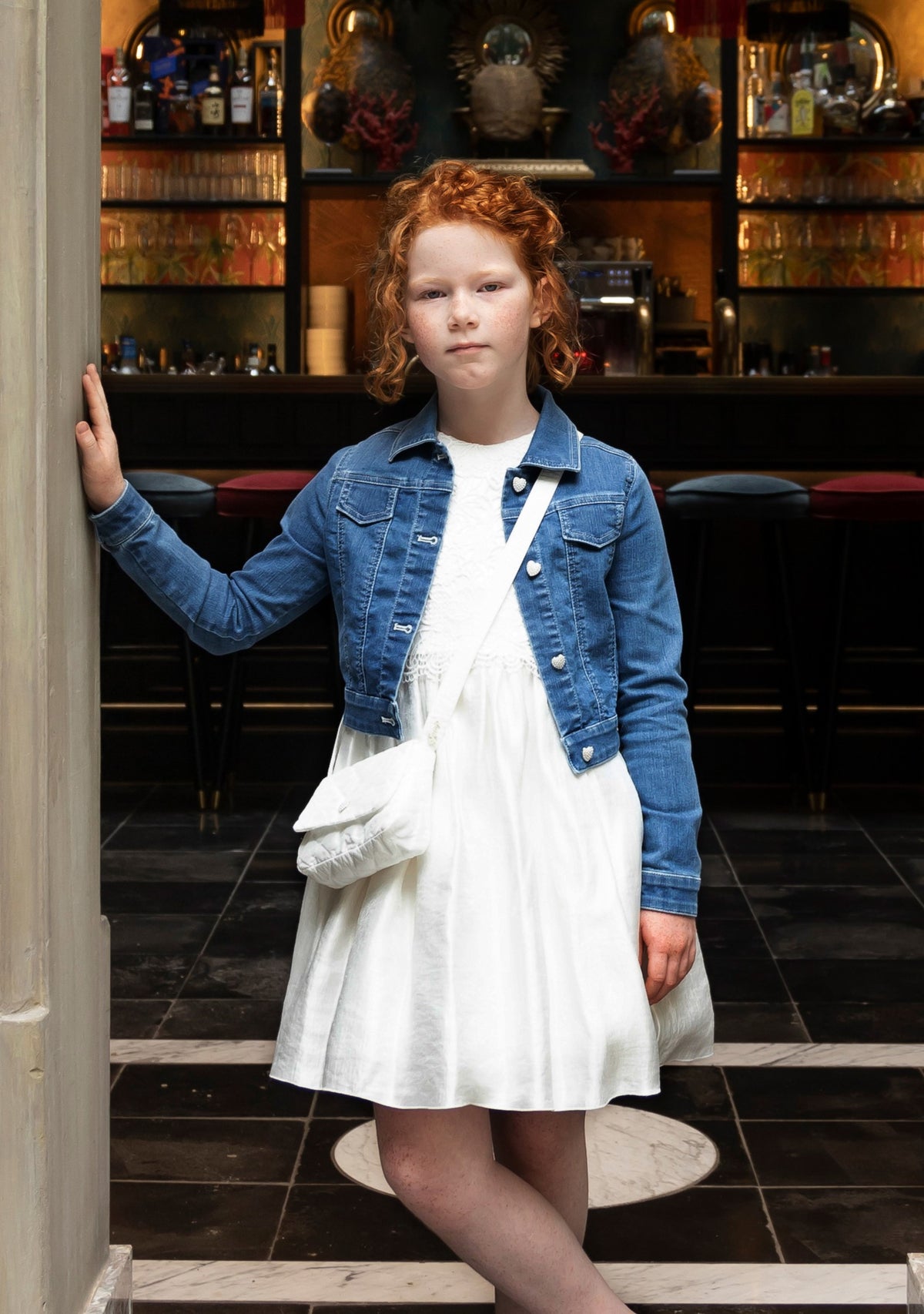 Festive pearly white dresses with accessories