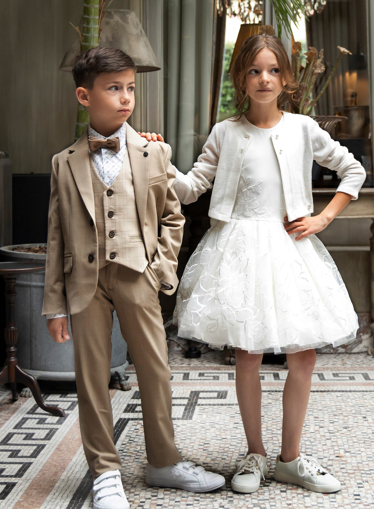 Pearl white layered dress with stylish jacket