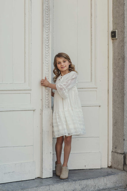 Pearl white boho style dress with three-quarter sleeves