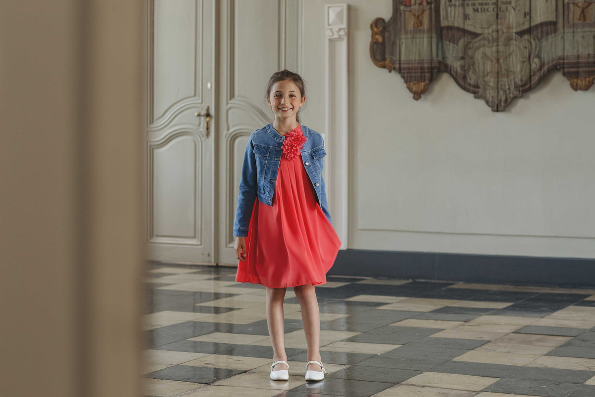 Red supple voile dress with denim jacket