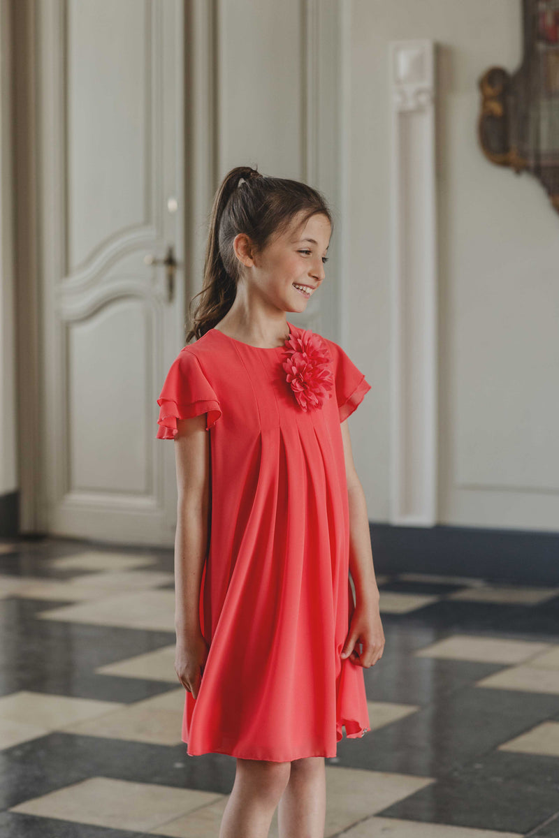 Red supple voile dress with denim jacket